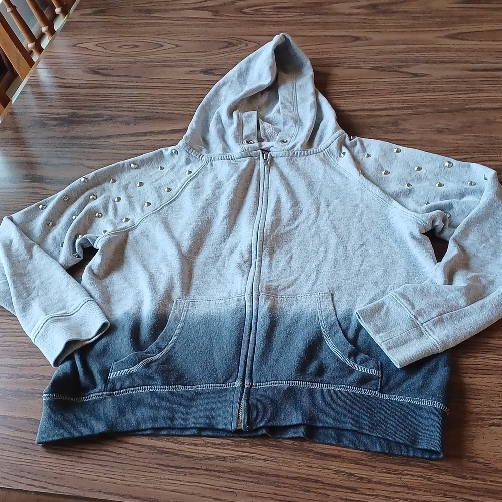 RUBBER DOLL front zip hoodie, crop style, Ombre gray & blue